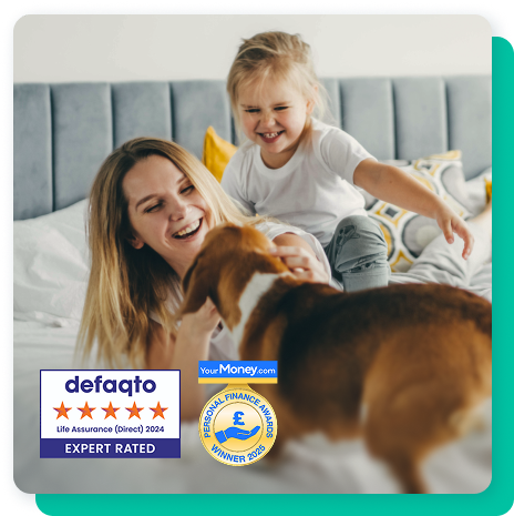why_beagle_updated-2 Mother and daughter play with a beagle. Two award logos - Defaqto expert rated 2025 and YourMoney.com Personal finance award 2025
